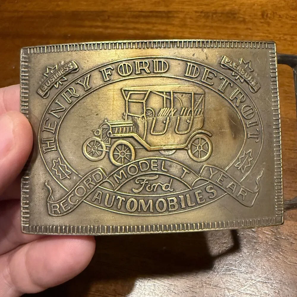 Vintage Henry Ford Detroit Model T Belt Buckle Brass Record Year Automobile